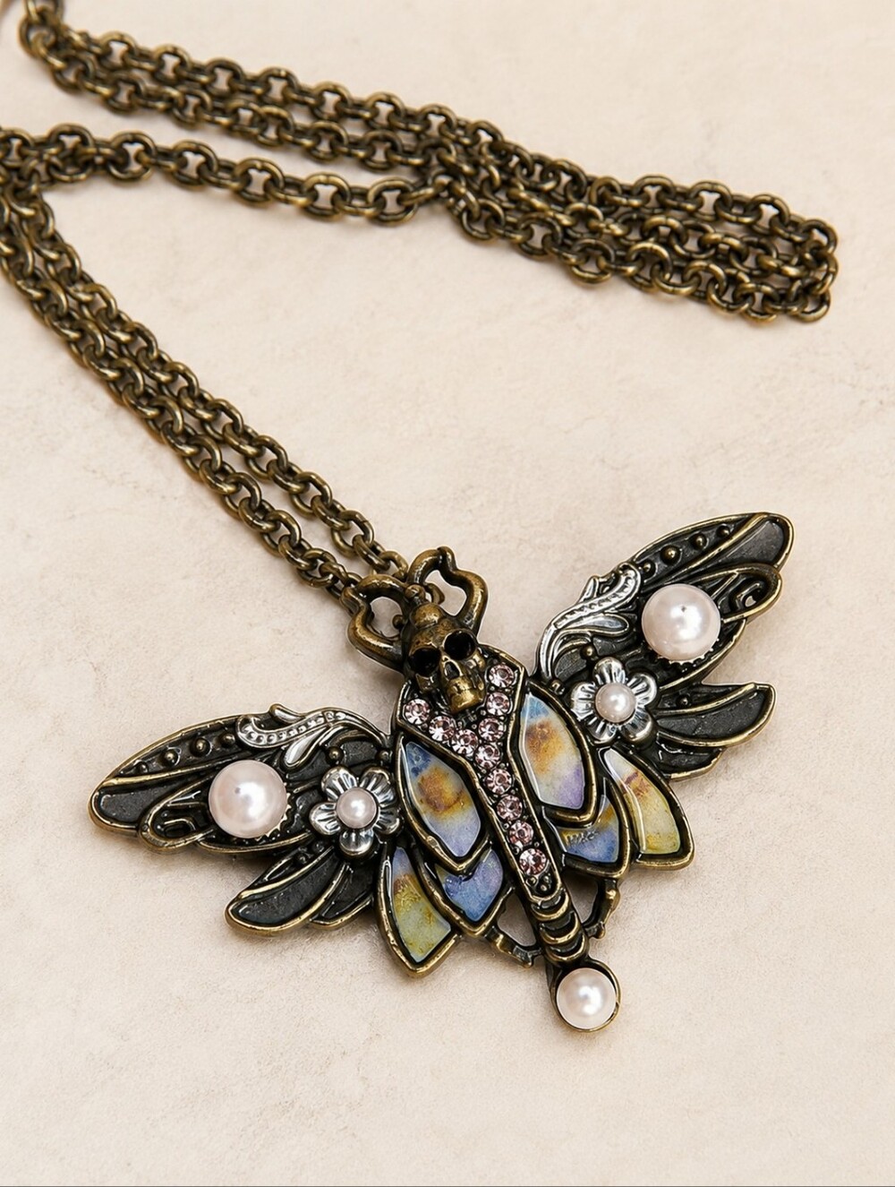Antique Brass Butterfly Moth Pendant Necklace with Pearl And Rhinestone Accents